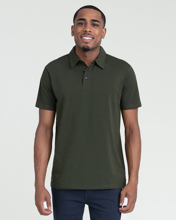Olive green polo shirt with short sleeves and button placket on male model.