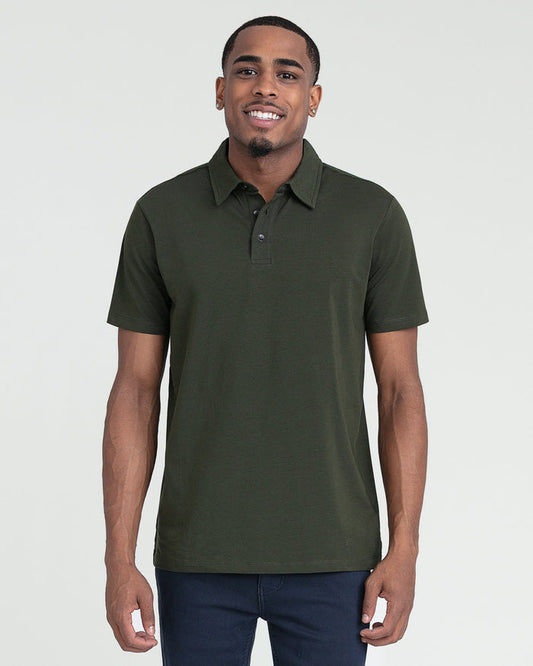 Olive green polo shirt with short sleeves and button placket on male model.