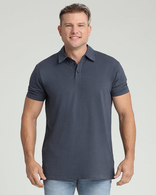 Steel gray short-sleeve polo shirt with button placket worn by man in front view.
