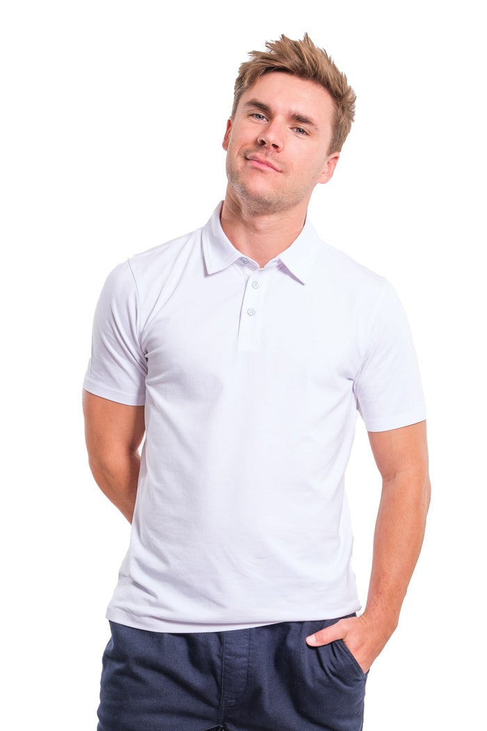 Man wearing white short-sleeve polo shirt with collar and button placket.