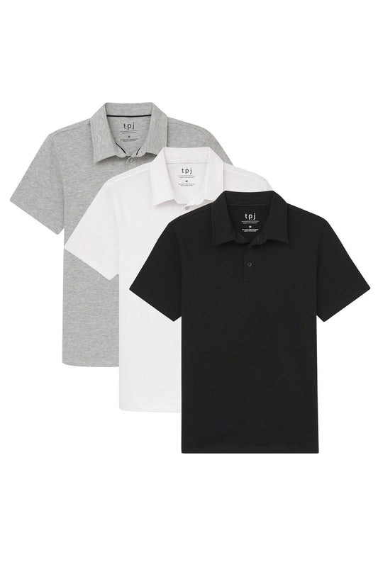Three short-sleeve polo shirts in gray, white, and black with collars and button plackets.