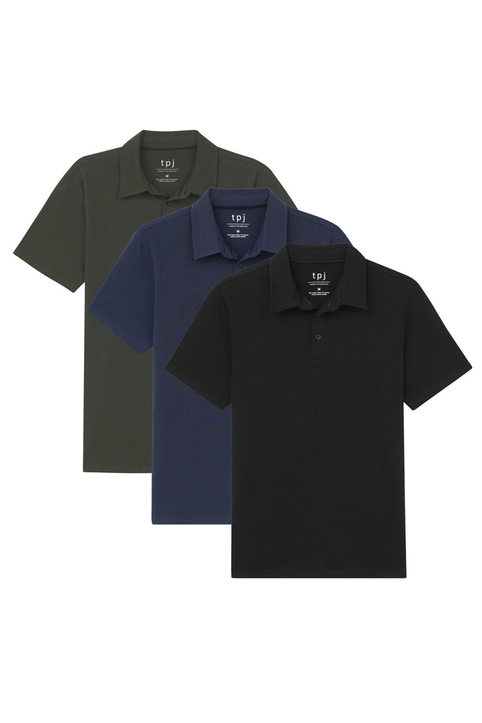 Three short-sleeve polo shirts in olive, navy, and black with collars and button fronts.