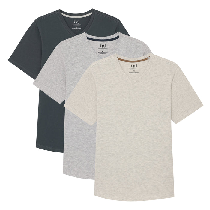Three v-neck t-shirts in smokey gray, light gray, and cream colors stacked overlapping.