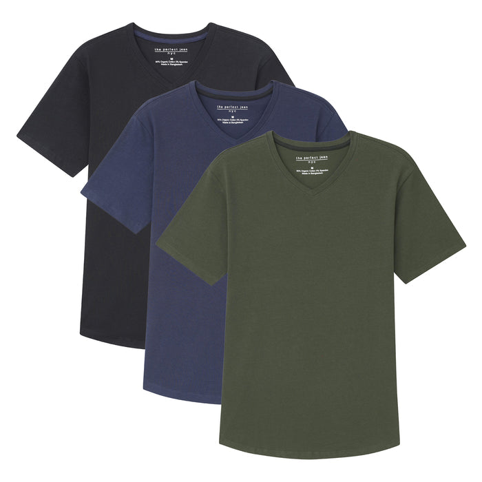 Three v-neck t-shirts in black, navy, and olive green.