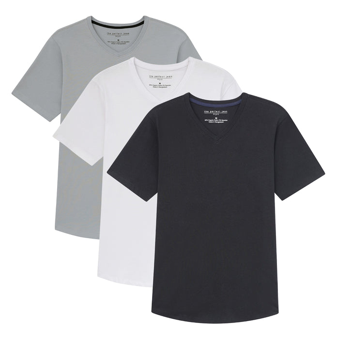 Three v-neck t-shirts in gray, white, and black displayed overlapping.