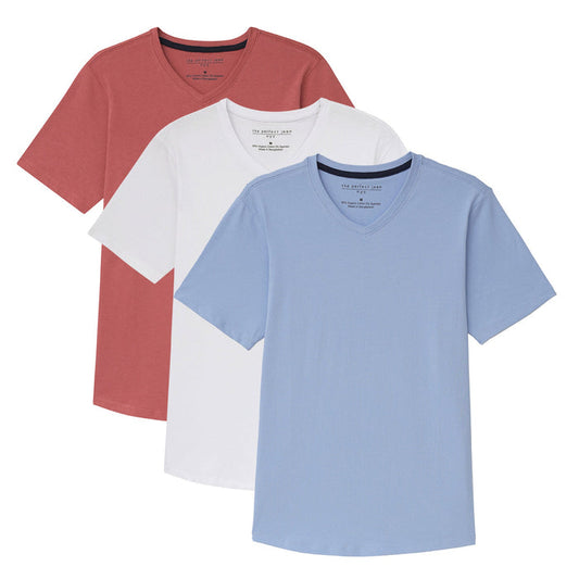 Organic V-Neck T-Shirt 3 Pack / Americana featuring soft, stretchy cotton-spandex blend tees, showcasing a comfortable fit with slightly curved hems for a stylish touch.