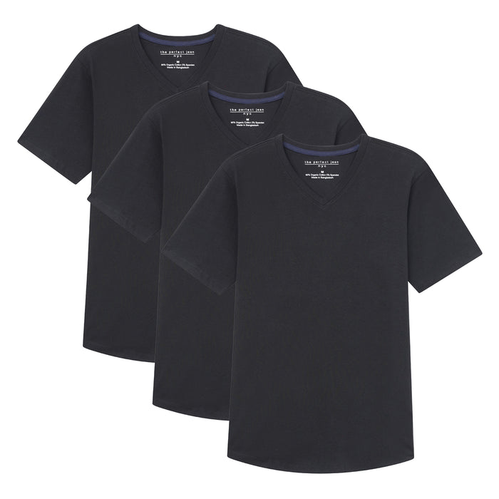 Three black v-neck t-shirts with short sleeves and blue trim at neckline, displayed overlapping.