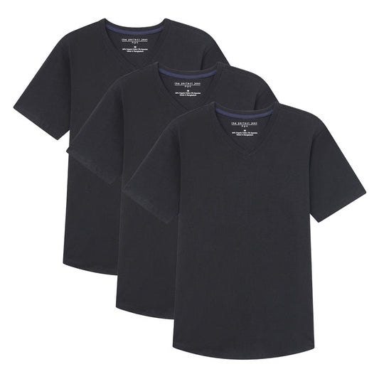 Three black v-neck t-shirts with short sleeves and blue trim at neckline, displayed overlapping.