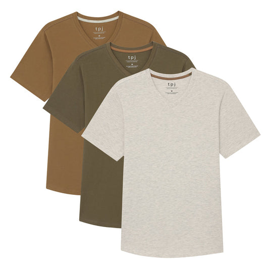 Three V-neck t-shirts in tan, olive green, and cream colored heathered fabric.