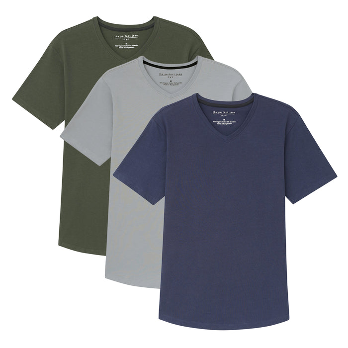 Three v-neck t-shirts in olive green, light gray, and dark navy blue displayed overlapping.