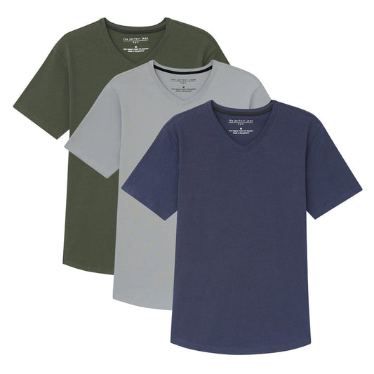 Three v-neck t-shirts in olive green, light gray, and dark navy blue displayed overlapping.