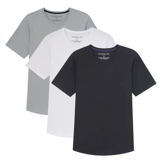 Three v-neck t-shirts in gray, white, and black displayed overlapping.