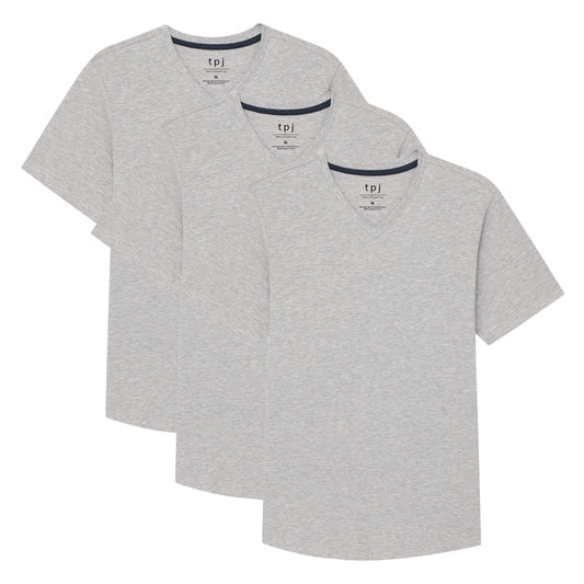 Three heather grey v-neck t-shirts with navy trim displayed layered together.