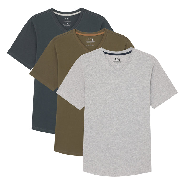 Three v-neck t-shirts in charcoal, olive, and light gray with contrasting neckline trim.
