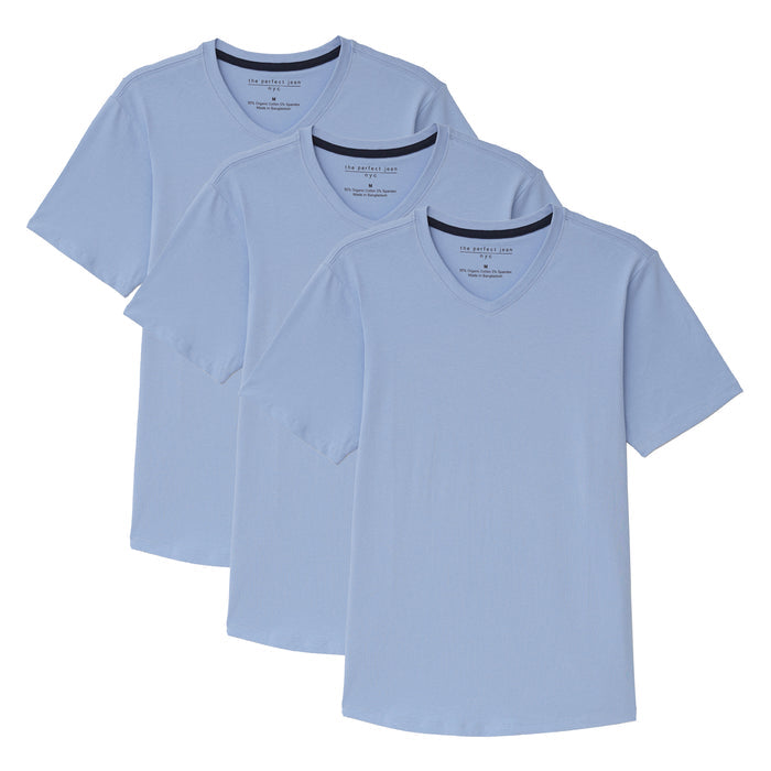 Three light blue v-neck t-shirts with short sleeves stacked in a cascading display.