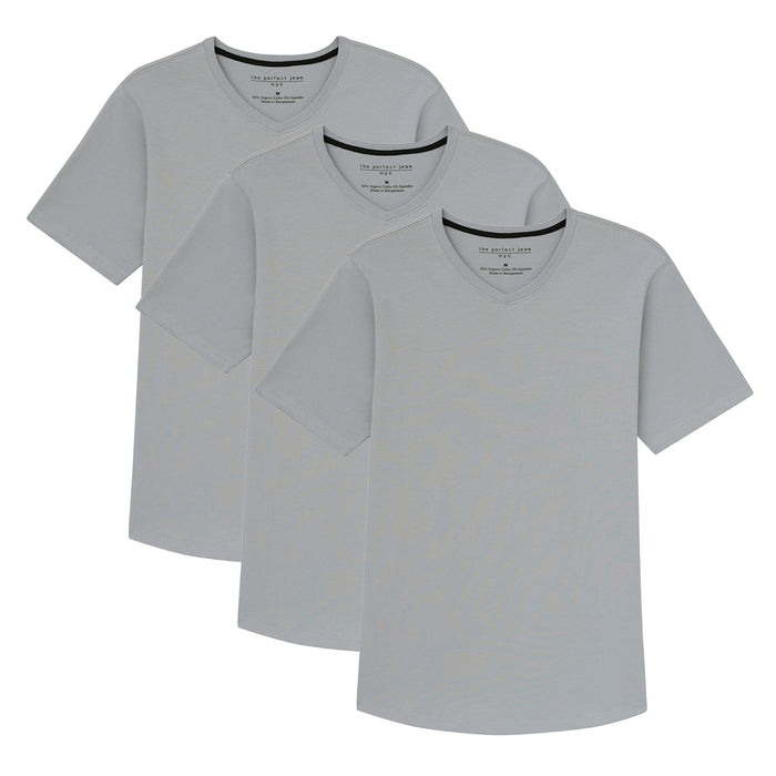 Three light grey v-neck t-shirts with short sleeves, displayed layered.