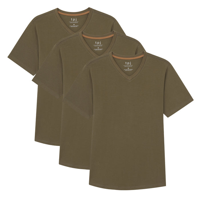 Three military olive v-neck t-shirts with brown trim and tpj branding displayed overlapping.