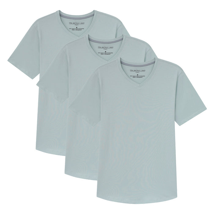 Three mint green v-neck t-shirts with short sleeves displayed in a stacked arrangement.