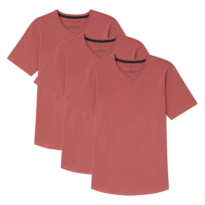 Three nantucket red v-neck t-shirts with short sleeves displayed overlapping.