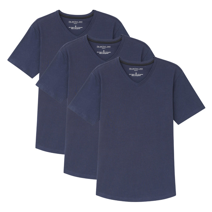 Three navy v-neck t-shirts with short sleeves displayed in a cascading arrangement.