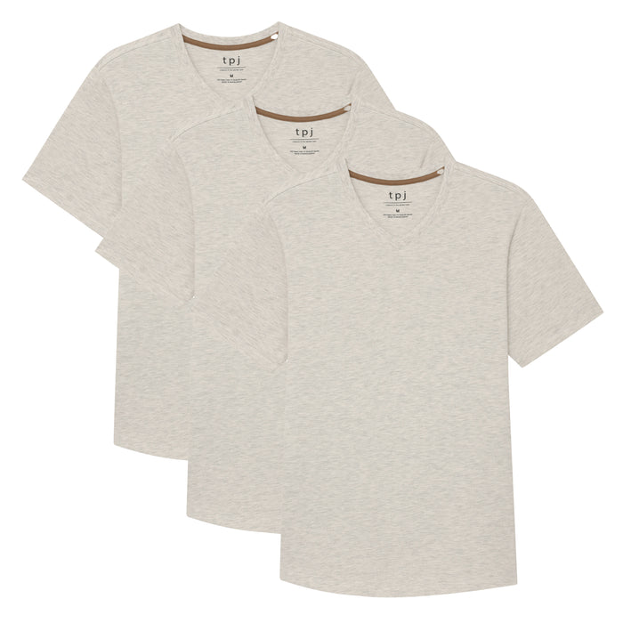 Three oatmeal heather v-neck t-shirts with short sleeves stacked overlapping.