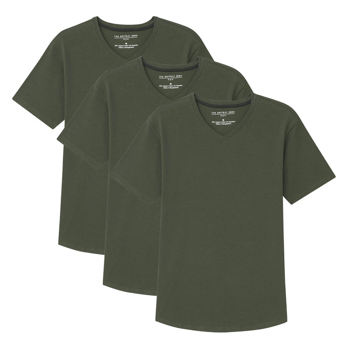 Three olive green v-neck t-shirts with short sleeves displayed in a layered arrangement.