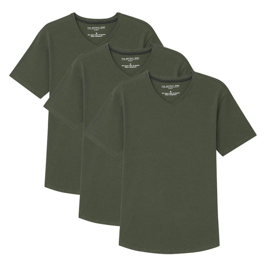 Three olive green v-neck t-shirts with short sleeves displayed in a layered arrangement.