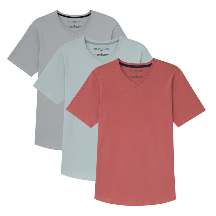 Three v-neck t-shirts in gray, light blue, and coral displayed layered together.