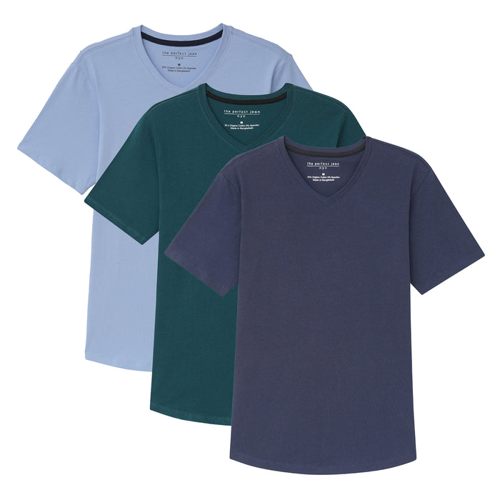 Three V-neck t-shirts in light blue, deep teal, and dark navy colors stacked overlapping.