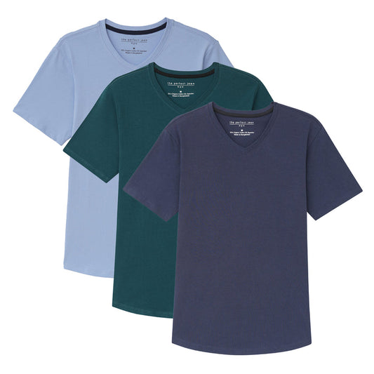 Three V-neck t-shirts in light blue, deep teal, and dark navy colors stacked overlapping.