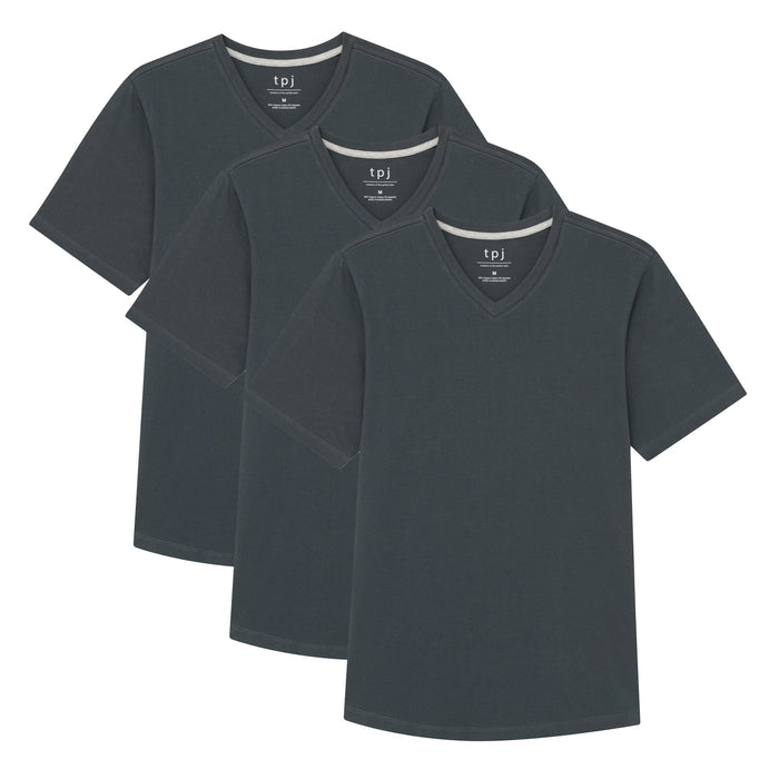 Three steel gray v-neck t-shirts with short sleeves and contrasting trim displayed overlapping.