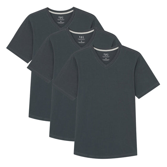 Three steel gray v-neck t-shirts with short sleeves and contrasting trim displayed overlapping.