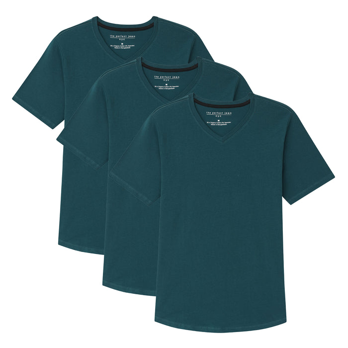 Three teal v-neck short-sleeve t-shirts with care label visible on neckline.