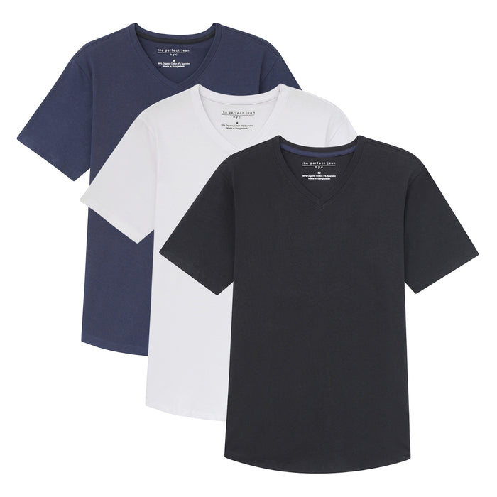 Three V-neck t-shirts in navy, white, and black displayed overlapping.