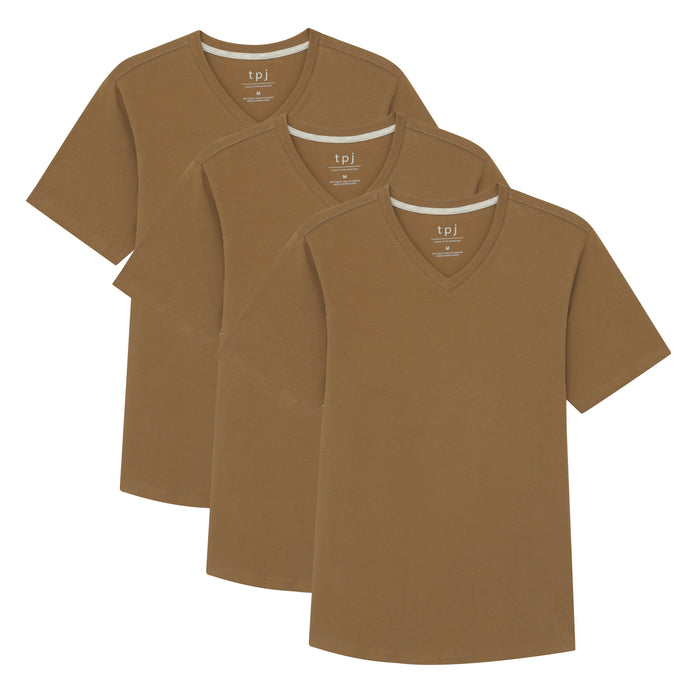 Three tobacco-colored v-neck t-shirts with short sleeves and white trim at neckline.