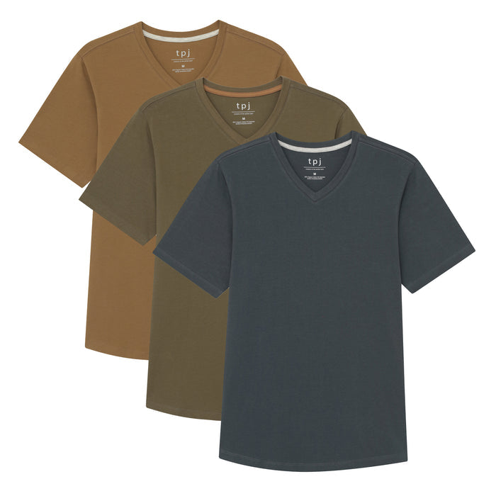 Three v-neck t-shirts in tan, olive, and charcoal colors stacked overlapping.