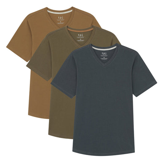 Three v-neck t-shirts in tan, olive, and charcoal colors stacked overlapping.