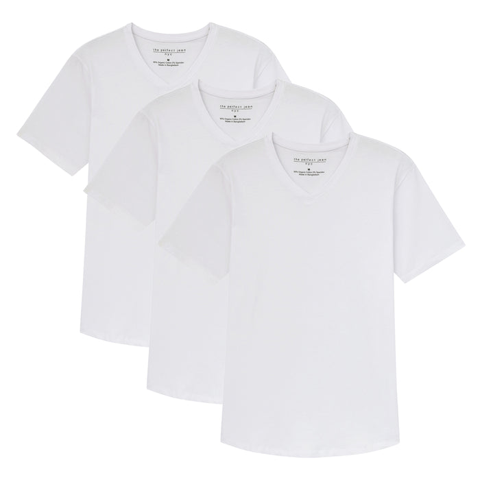 Three white V-neck t-shirts with short sleeves, displayed overlapping from left to right.