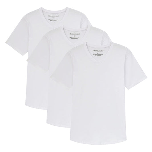 Three white V-neck t-shirts with short sleeves, displayed overlapping from left to right.