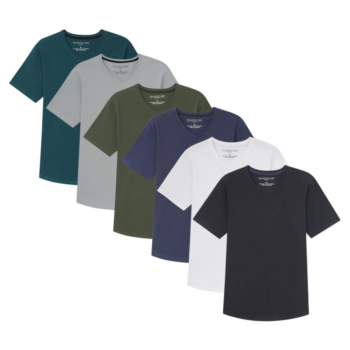 Six v-neck t-shirts in teal, gray, olive, navy, white, and black.