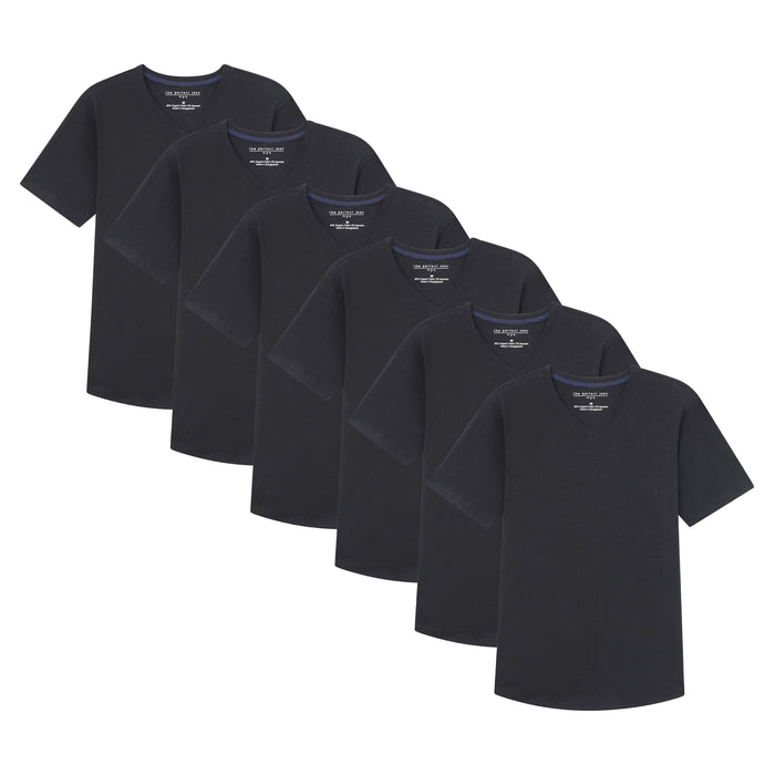 Six black v-neck t-shirts displayed in a cascading arrangement.