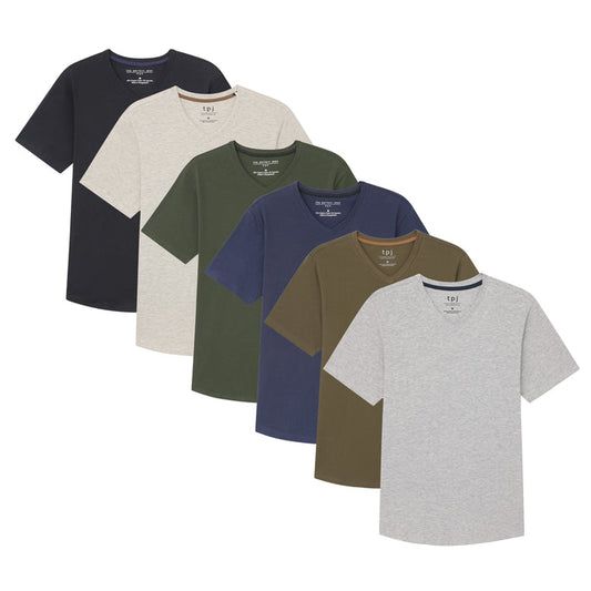 Six v-neck t-shirts in black, cream, olive, navy, brown, and gray.