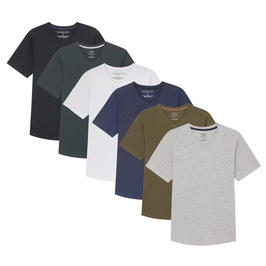 Six v-neck t-shirts in black, dark green, white, navy, olive, and gray.