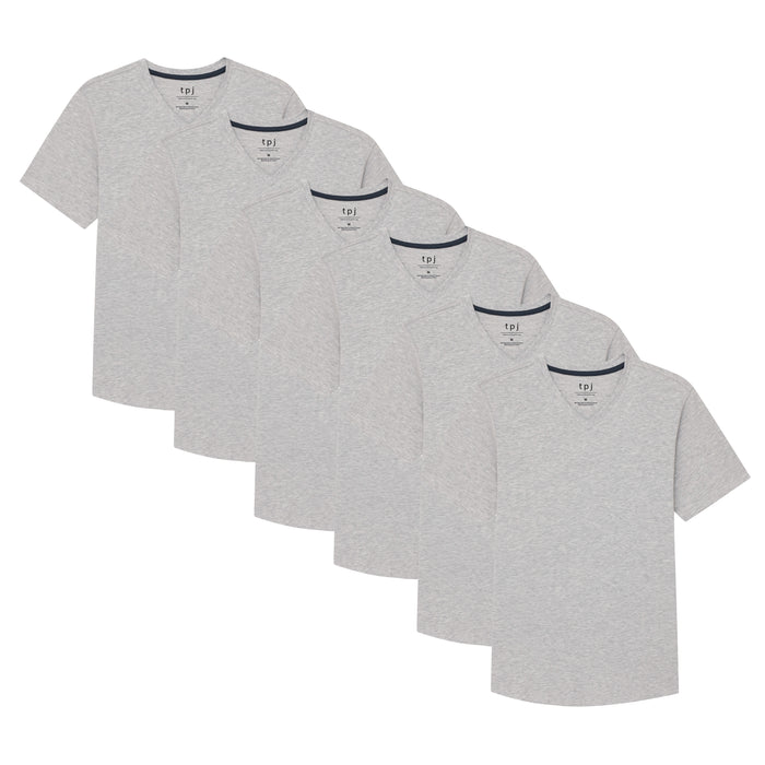Six heather grey v-neck t-shirts with dark neck trim displayed in a cascading arrangement.