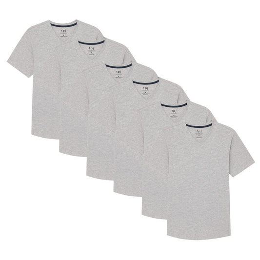 Six heather grey v-neck t-shirts with dark neck trim displayed in a cascading arrangement.