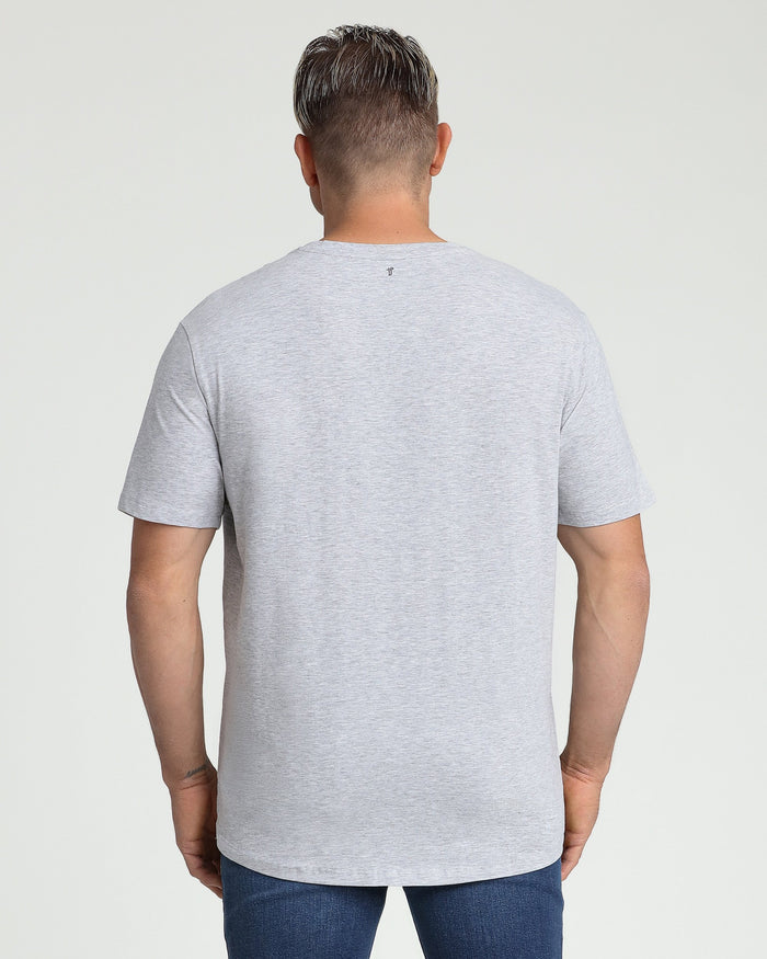 Man wearing heather grey V-neck t-shirt, back view.