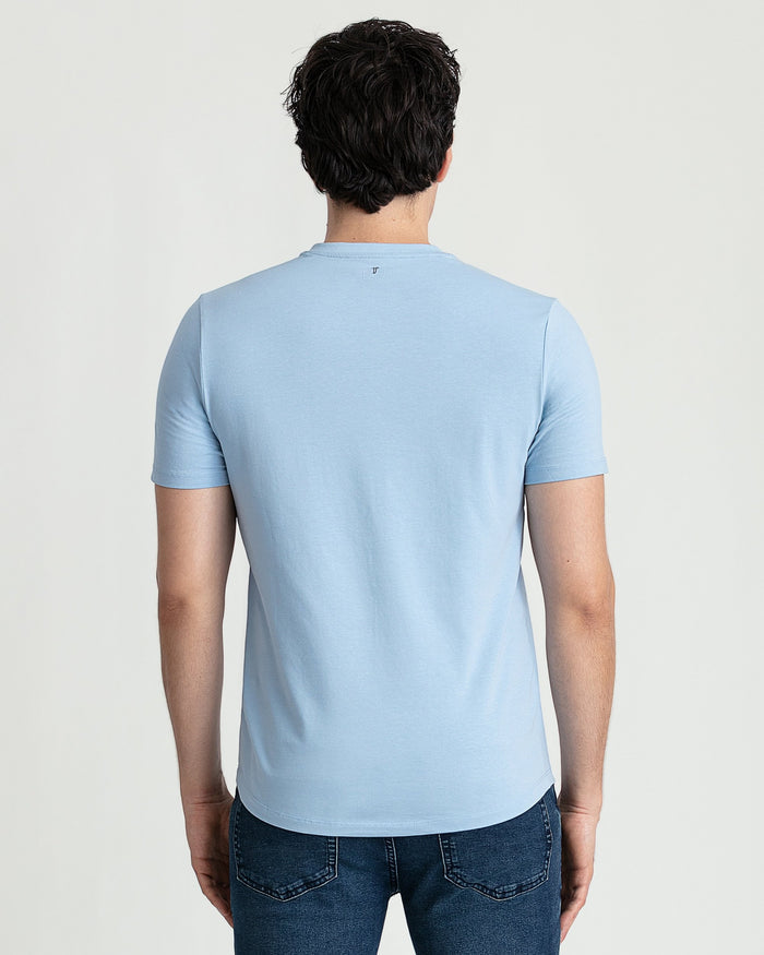 Light blue V-neck t-shirt with short sleeves, shown from back view on male model.