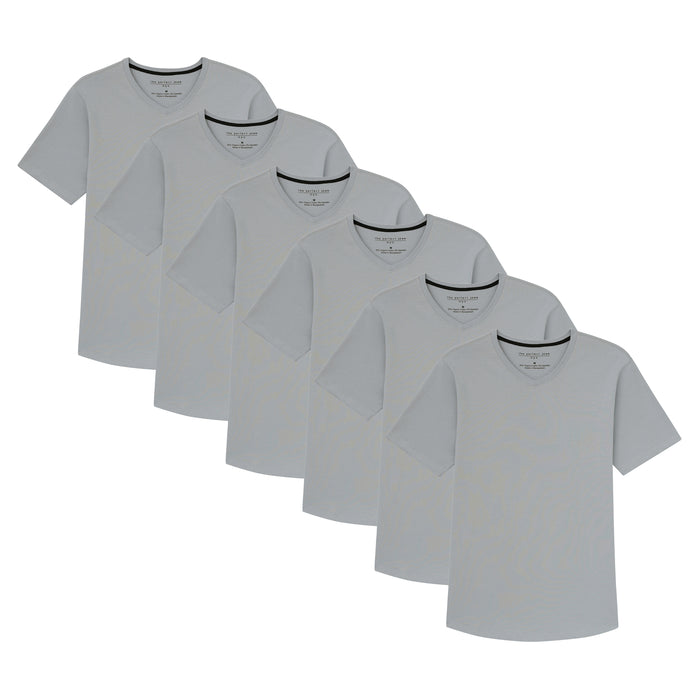 Six light grey v-neck t-shirts displayed in a cascading arrangement.