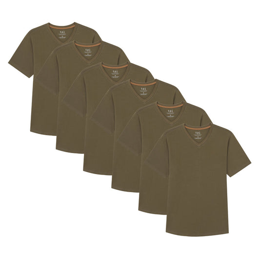 Six military olive v-neck t-shirts displayed in a cascading arrangement.