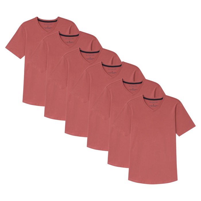 Six nantucket red v-neck t-shirts with short sleeves displayed in a row.